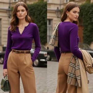Stunning Ellen Tracy 100٪ Extra Fine Merino Wool Purple Knit Sweater